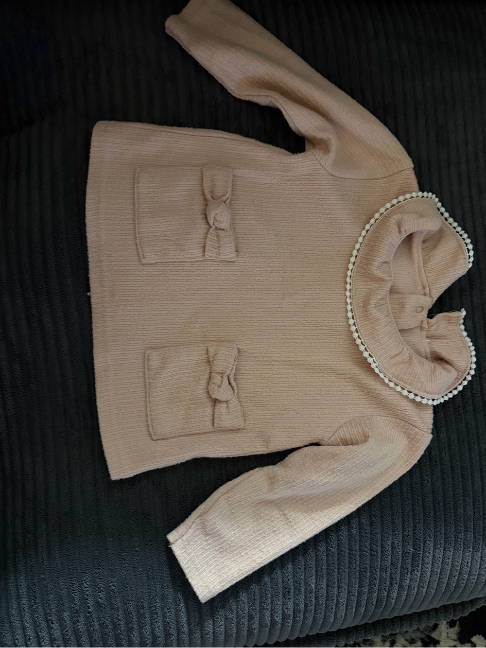 Girls' Blush Pink Knit Sweater with Bow Pockets